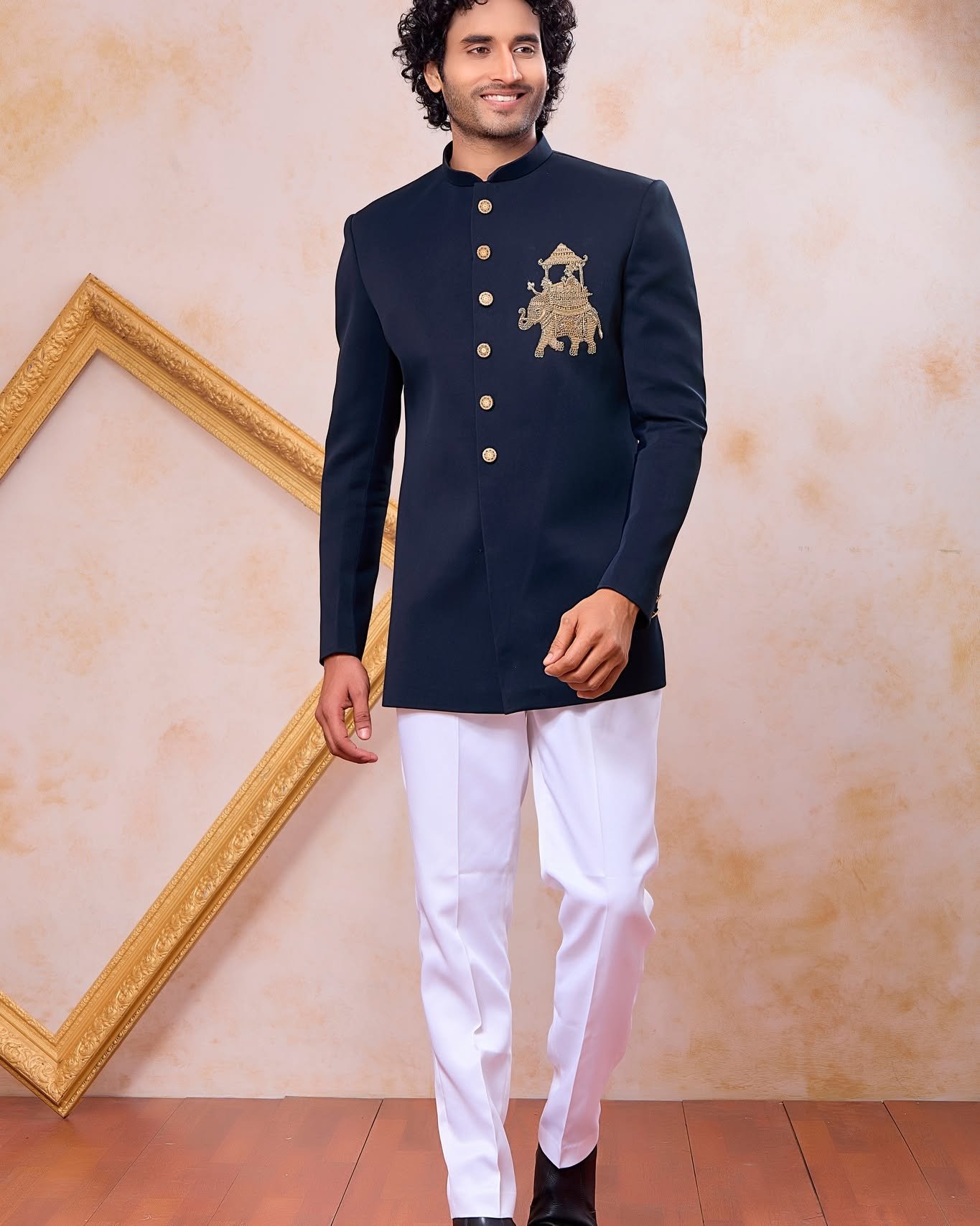 Step into royal elegance with this Designer Navy Blue Short Length Indo Western for Men D.No. 4588